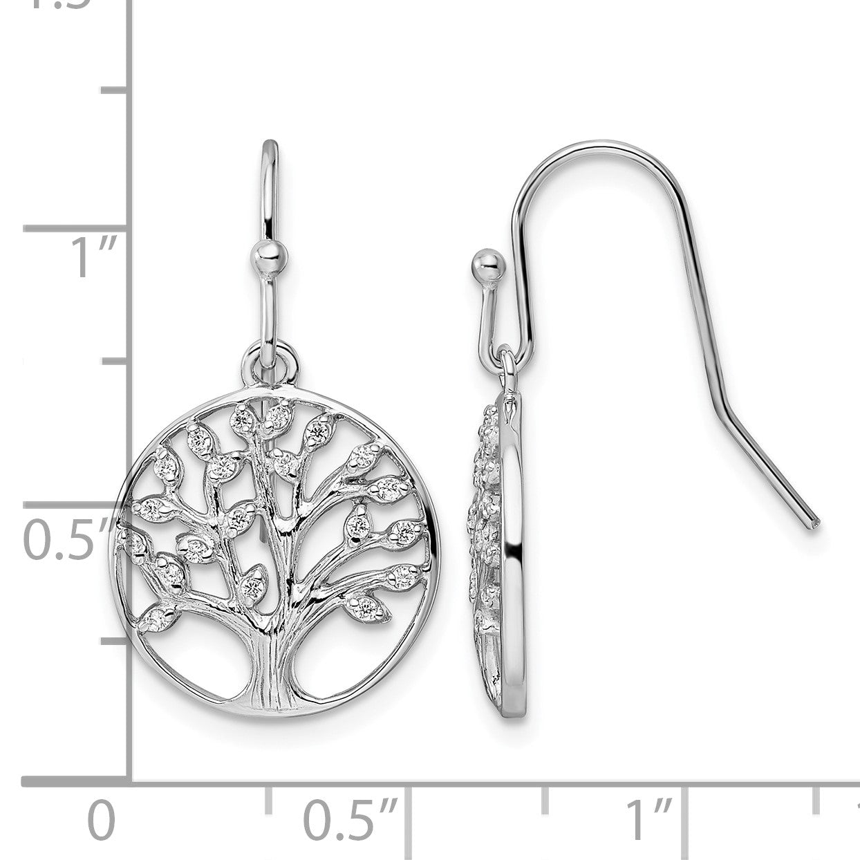 Sterling Silver Rhodium-plated Dangle Polished CZ Tree of Life Earrings