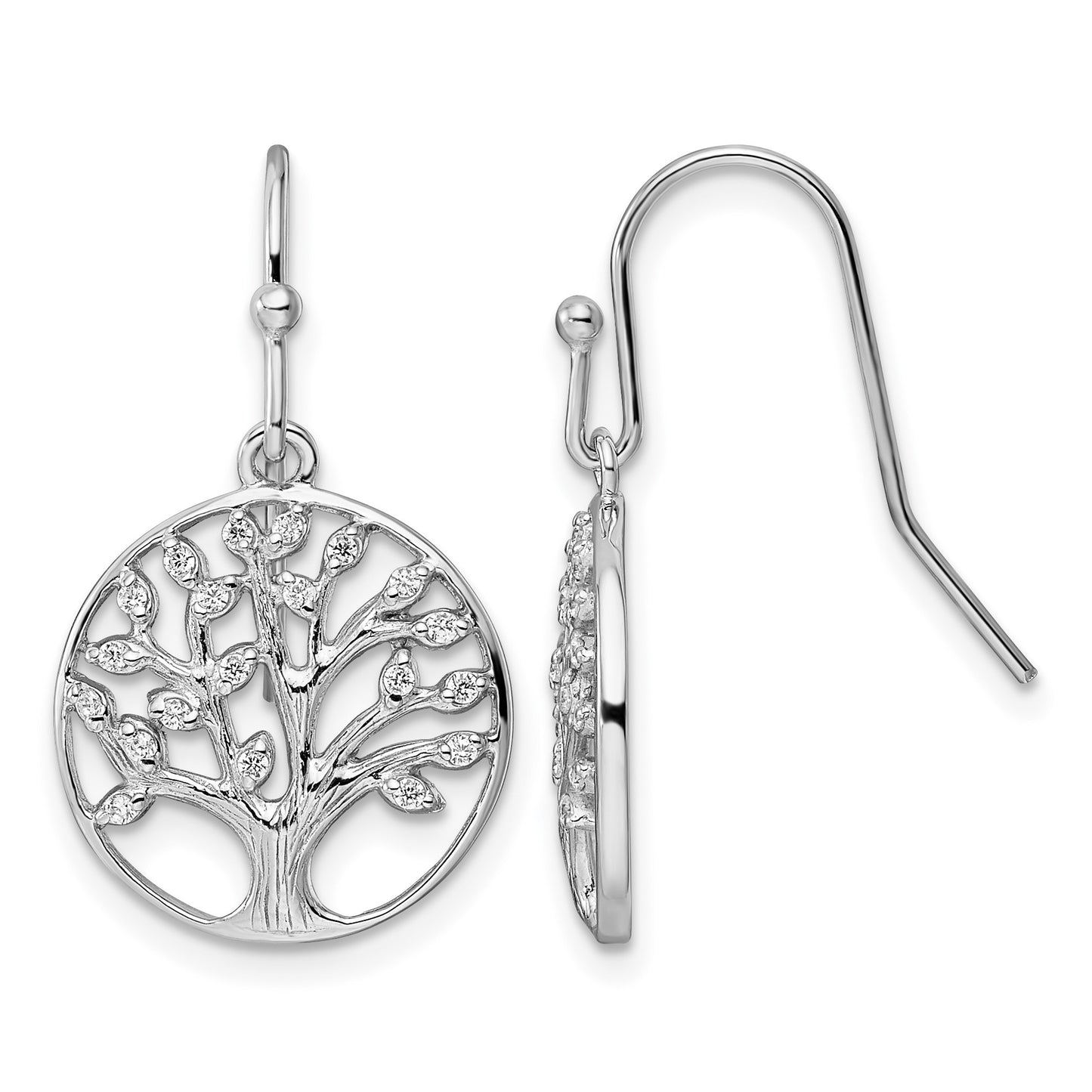 Sterling Silver Rhodium-plated Dangle Polished CZ Tree of Life Earrings