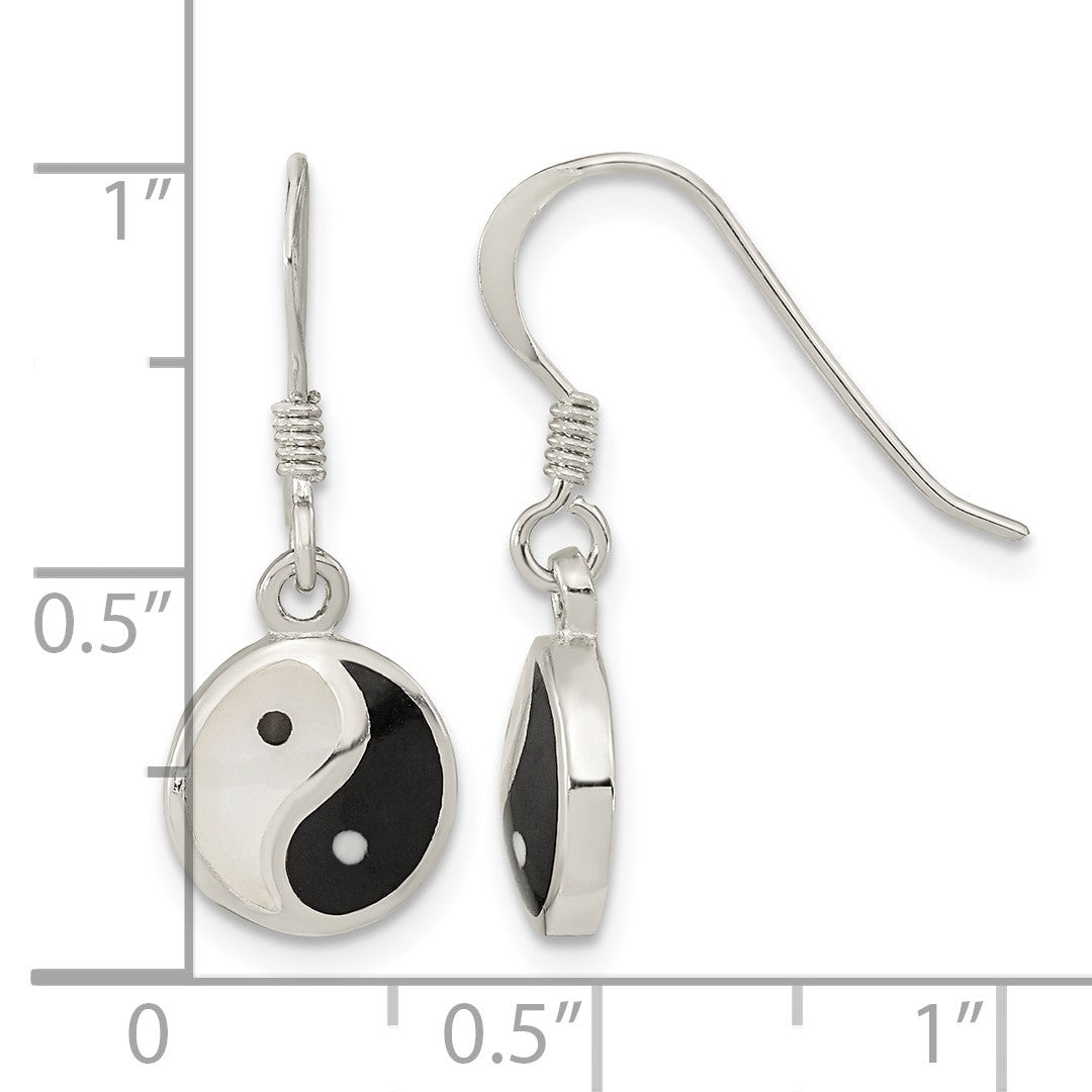 Sterling Silver Rhod-pltd MOP/Black Resin Yin Yang Dangle Earrings