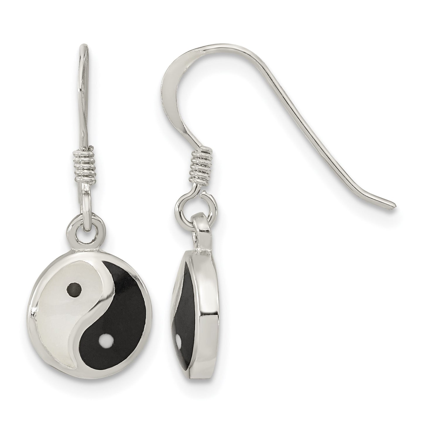 Sterling Silver Rhod-pltd MOP/Black Resin Yin Yang Dangle Earrings