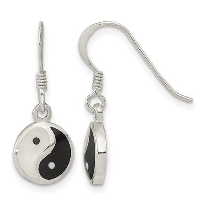 Sterling Silver Rhod-pltd MOP/Black Resin Yin Yang Dangle Earrings