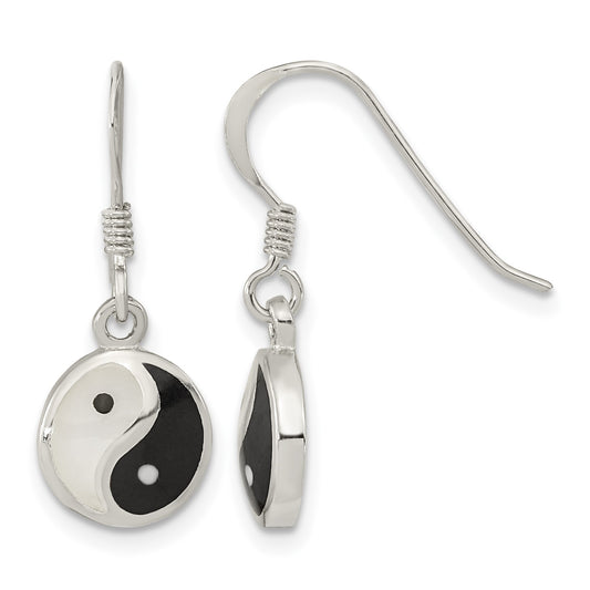 Sterling Silver Rhod-pltd MOP/Black Resin Yin Yang Dangle Earrings