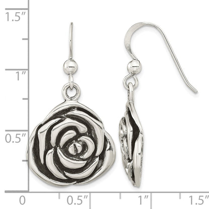 Sterling Silver Polished Antiqued Rose Dangle Earrings