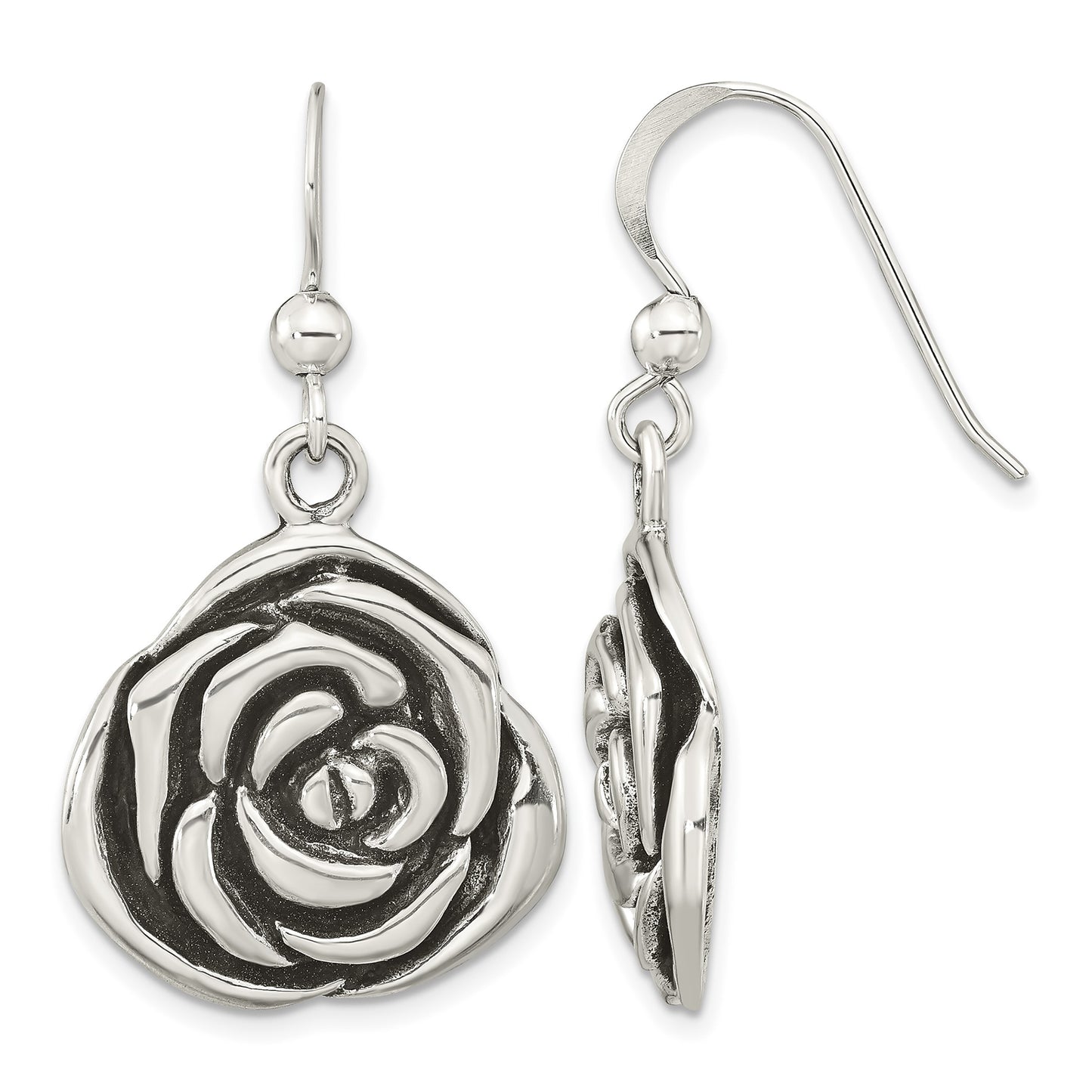 Sterling Silver Polished Antiqued Rose Dangle Earrings