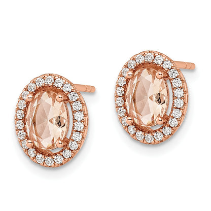 Sterling Silver Rose-tone Polished Pink & White CZ Oval Post Earrings