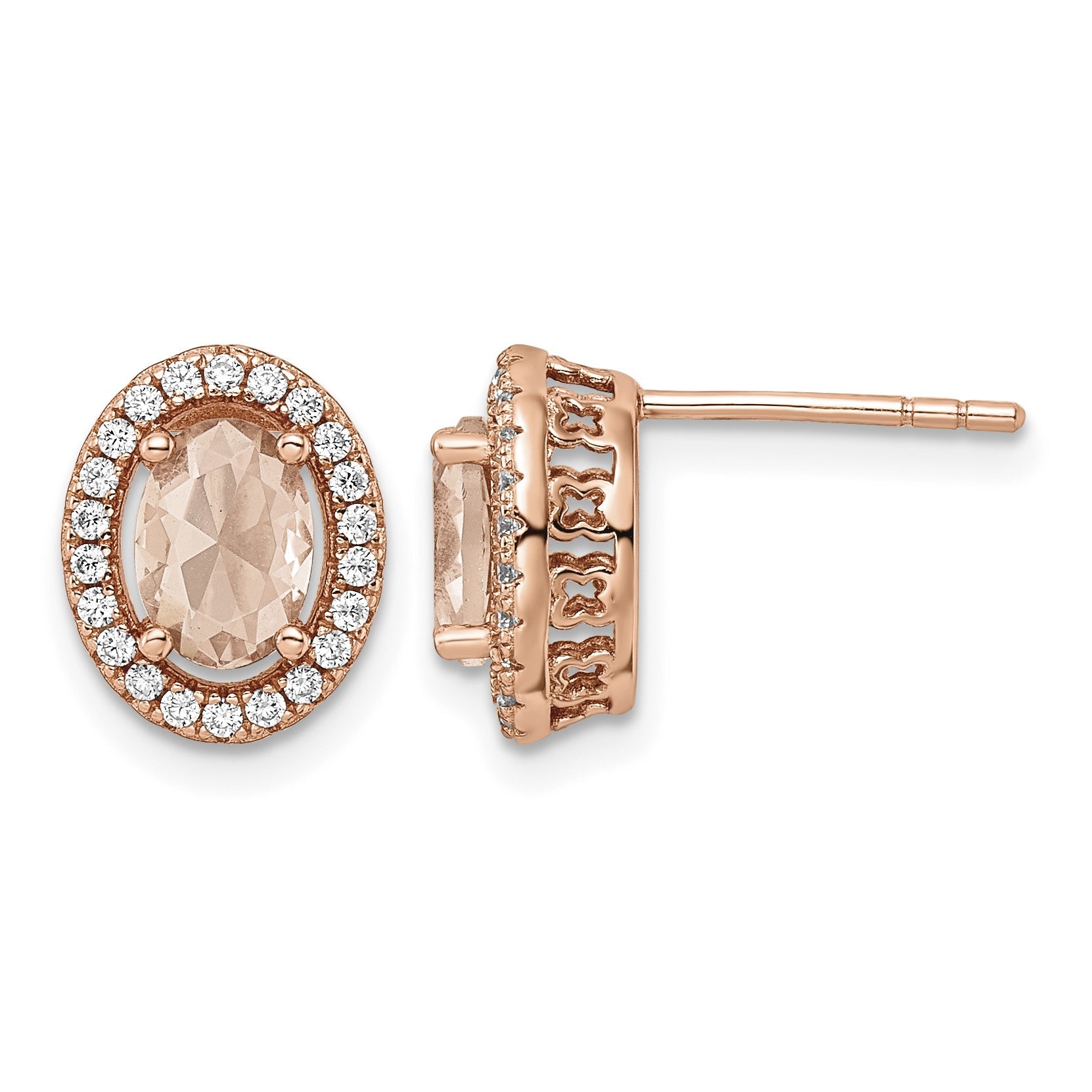 Sterling Silver Rose-tone Polished Pink & White CZ Oval Post Earrings