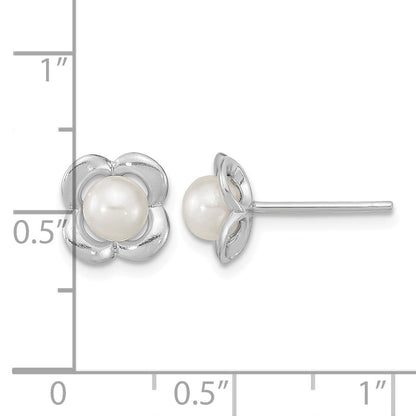 Sterling Silver RH-plated Polished FWC Pearl Flower Post Earrings