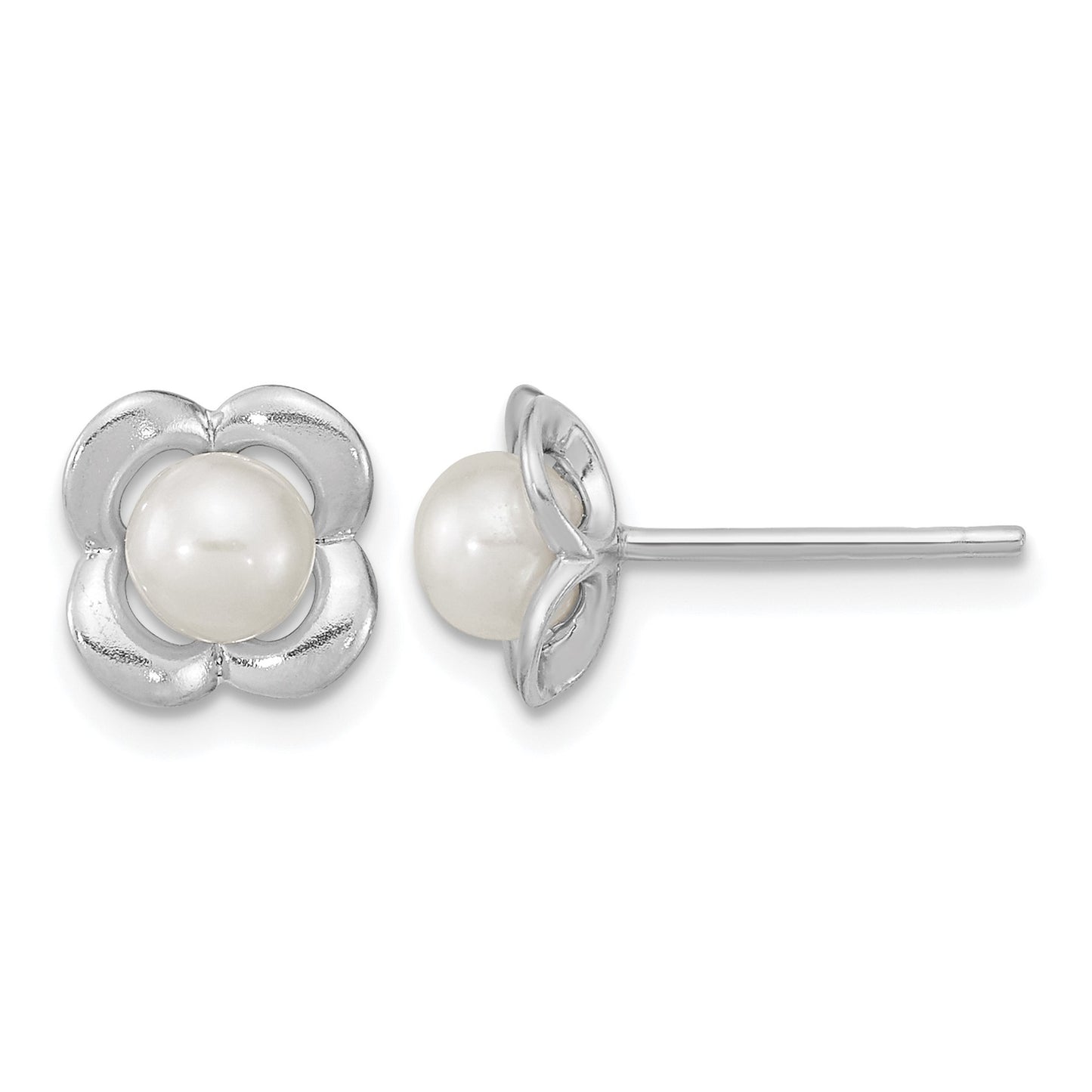 Sterling Silver RH-plated Polished FWC Pearl Flower Post Earrings