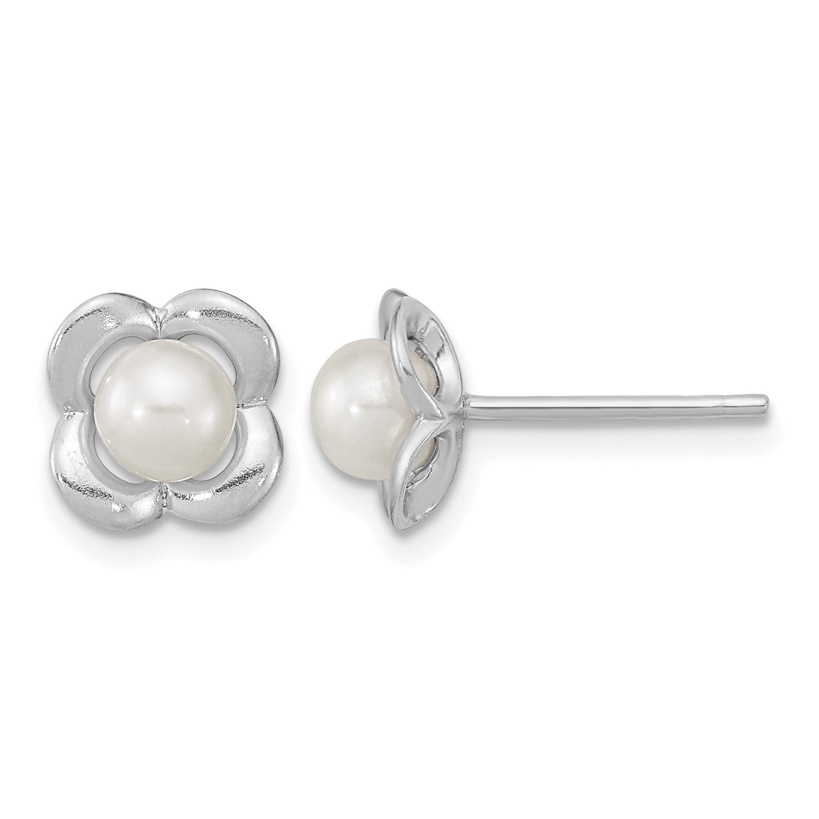 Sterling Silver RH-plated Polished FWC Pearl Flower Post Earrings