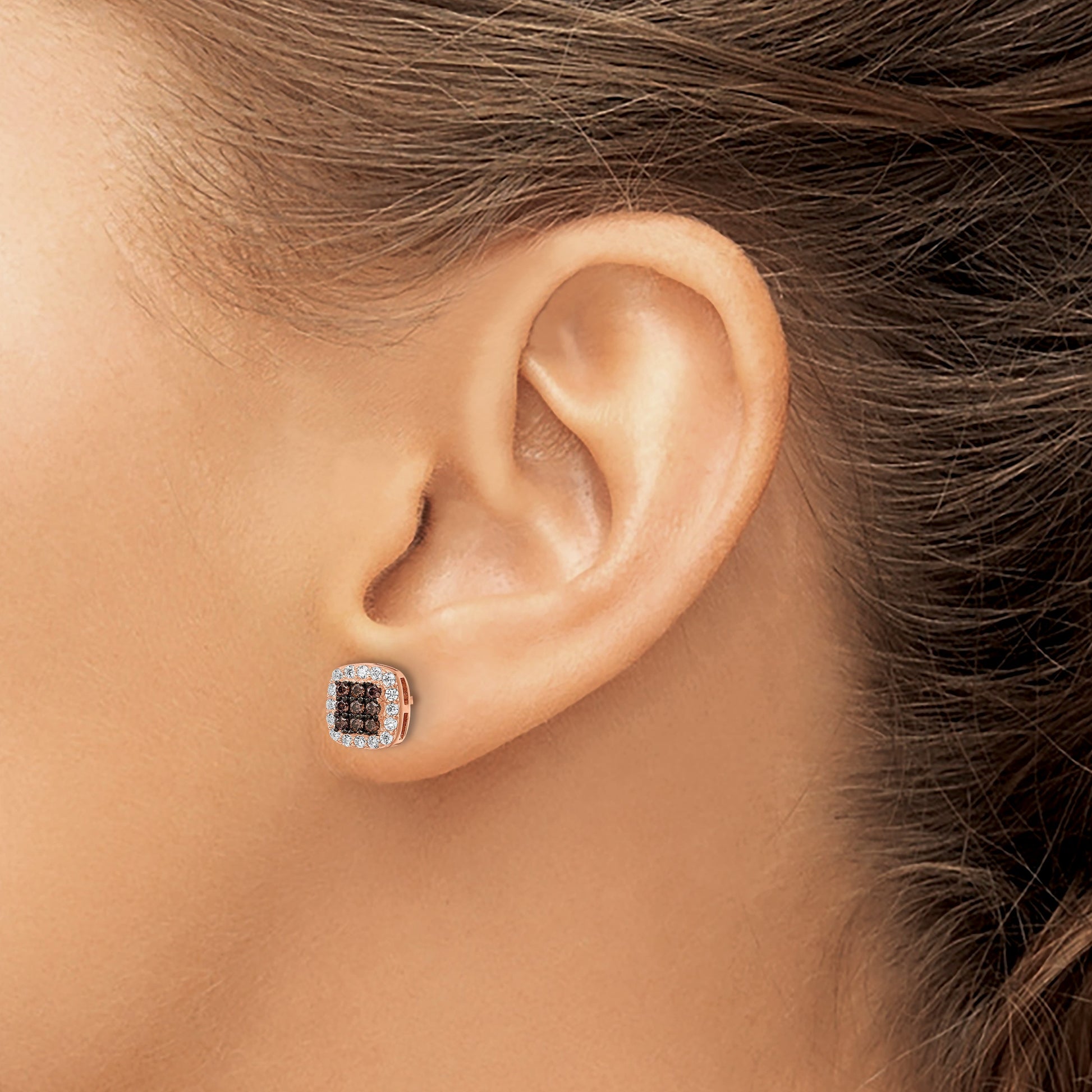 Sterling Silver Rose-tone Blk Rhodium-plate Fancy CZ Square Post Earrings