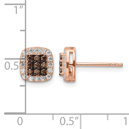 Sterling Silver Rose-tone Blk Rhodium-plate Fancy CZ Square Post Earrings