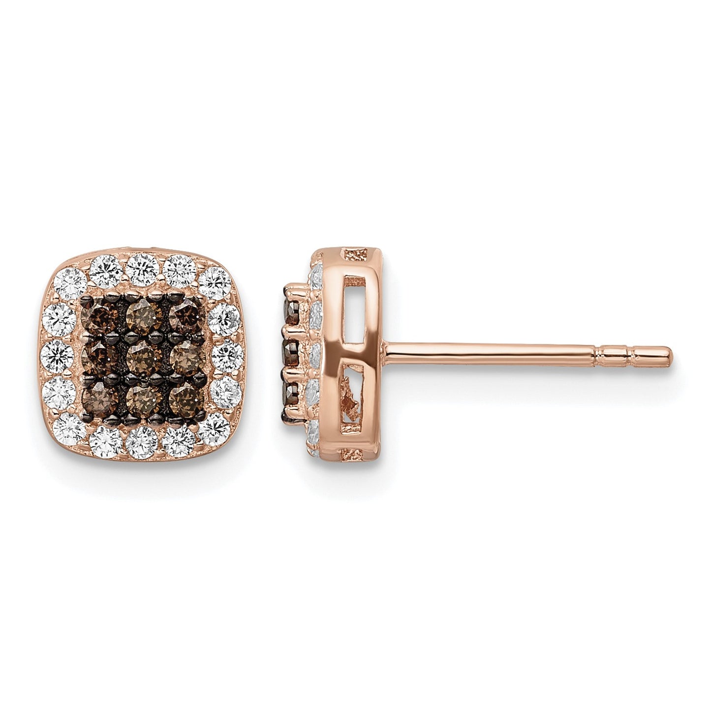 Sterling Silver Rose-tone Blk Rhodium-plate Fancy CZ Square Post Earrings