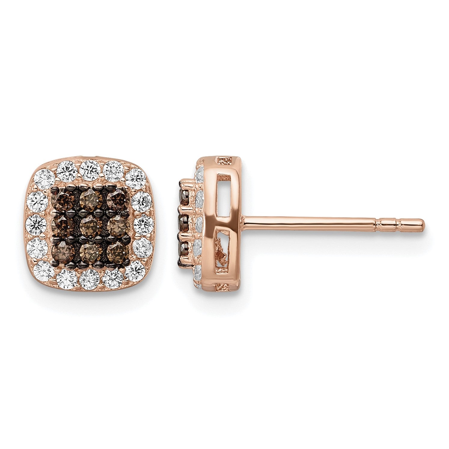 Sterling Silver Rose-tone Blk Rhodium-plate Fancy CZ Square Post Earrings