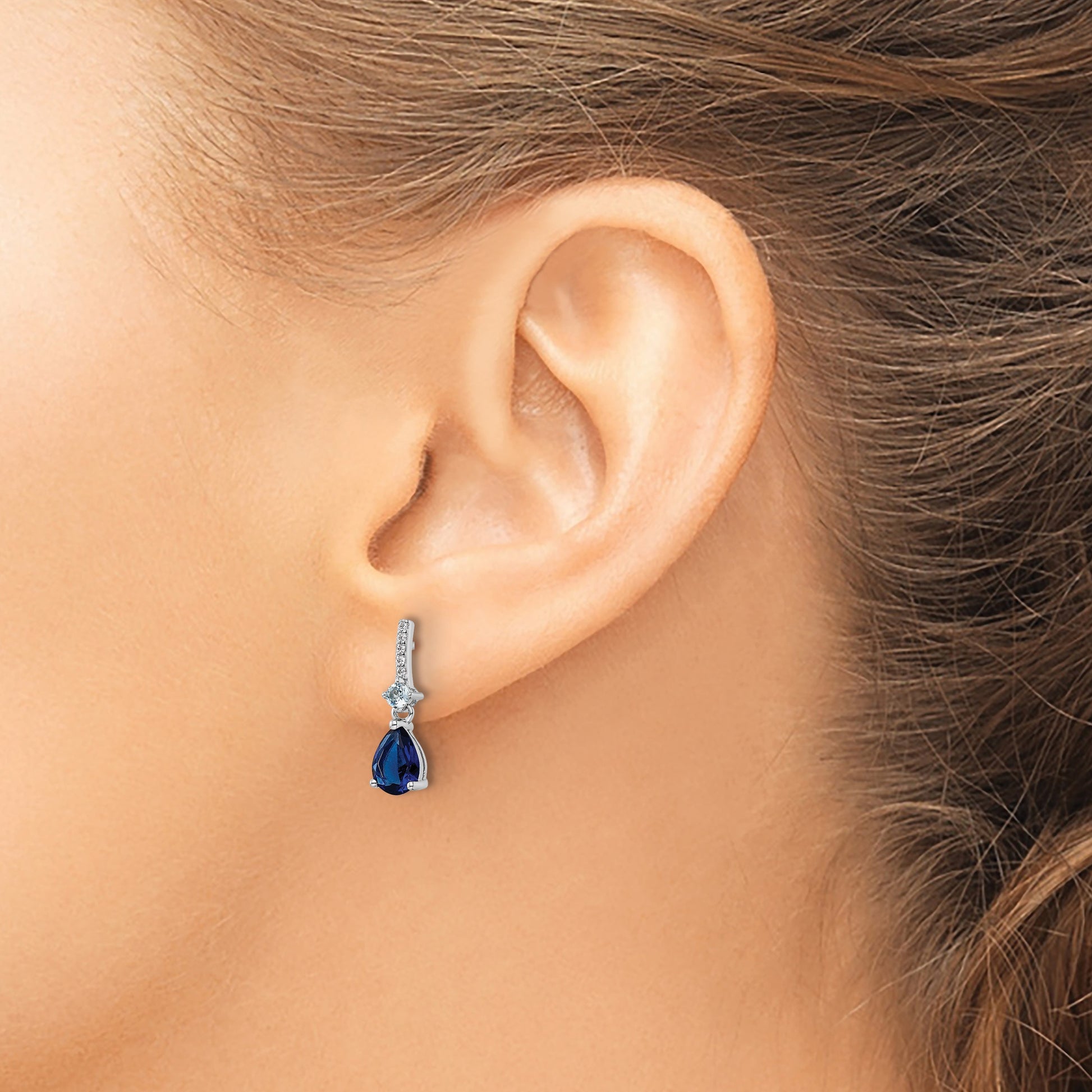 Sterling Silver Rhodium-plated CZ and Blue Glass Post Dangle Earrings