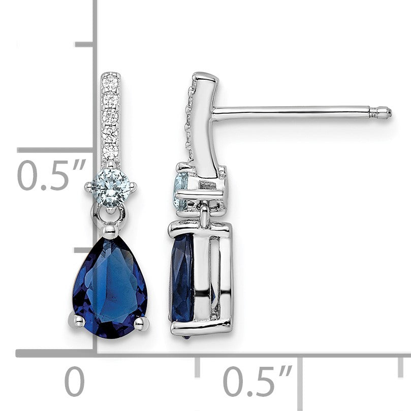 Sterling Silver Rhodium-plated CZ and Blue Glass Post Dangle Earrings