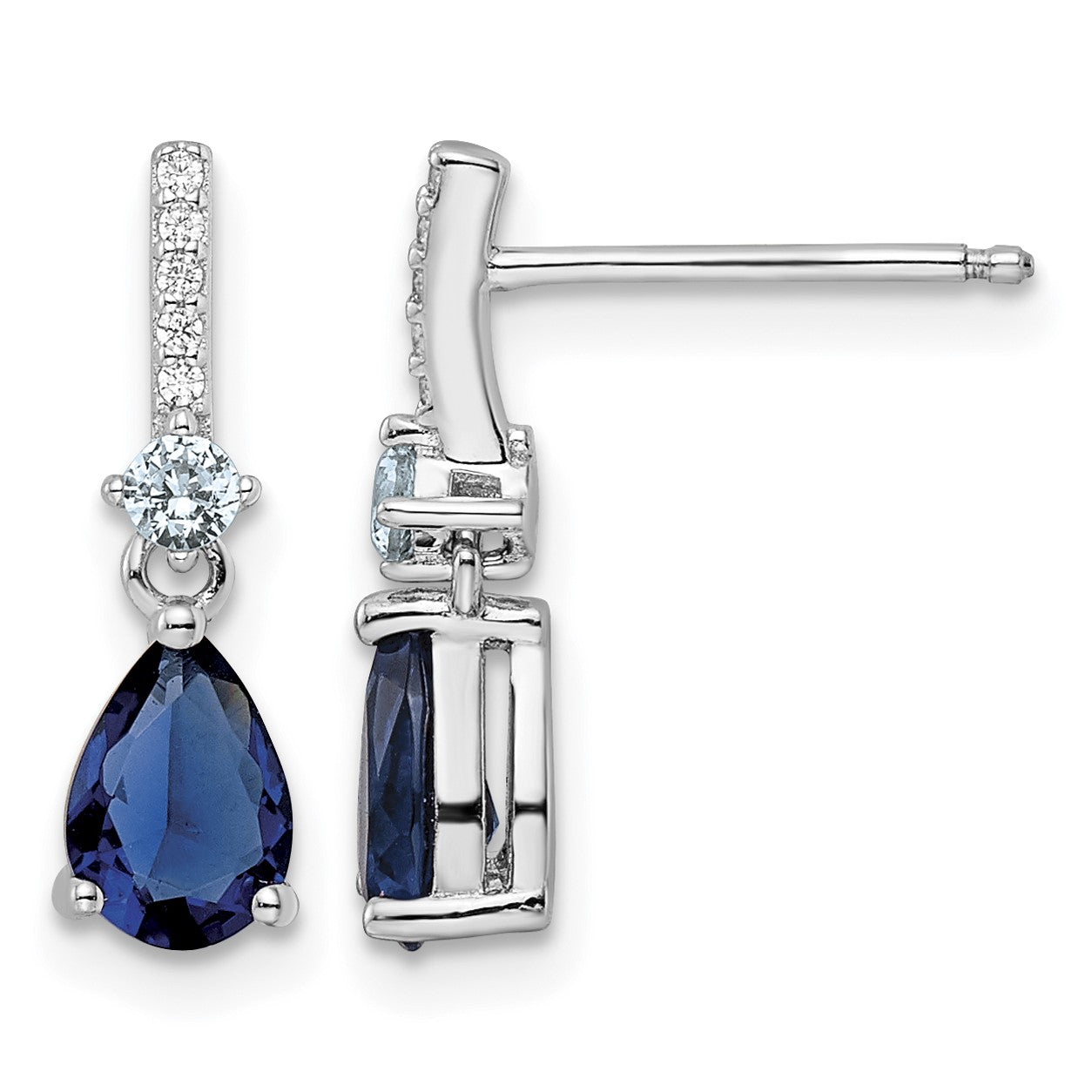 Sterling Silver Rhodium-plated CZ and Blue Glass Post Dangle Earrings