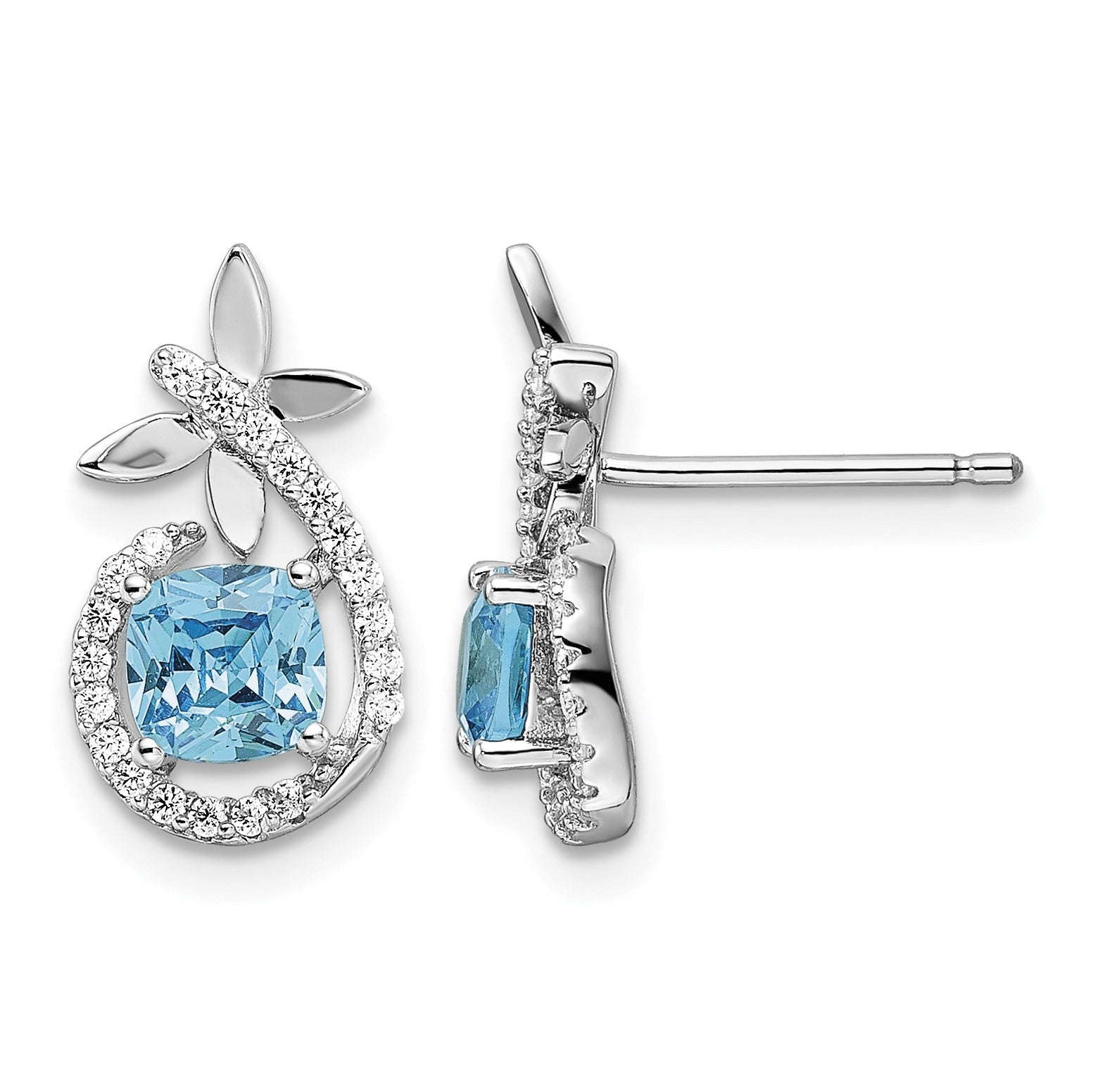 Sterling Silver Rhodium plated Blue & White CZ  Butterfly Post Earrings