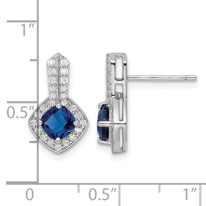 Sterling Silver Rhodium-plated CZ and Blue Glass Post Earrings