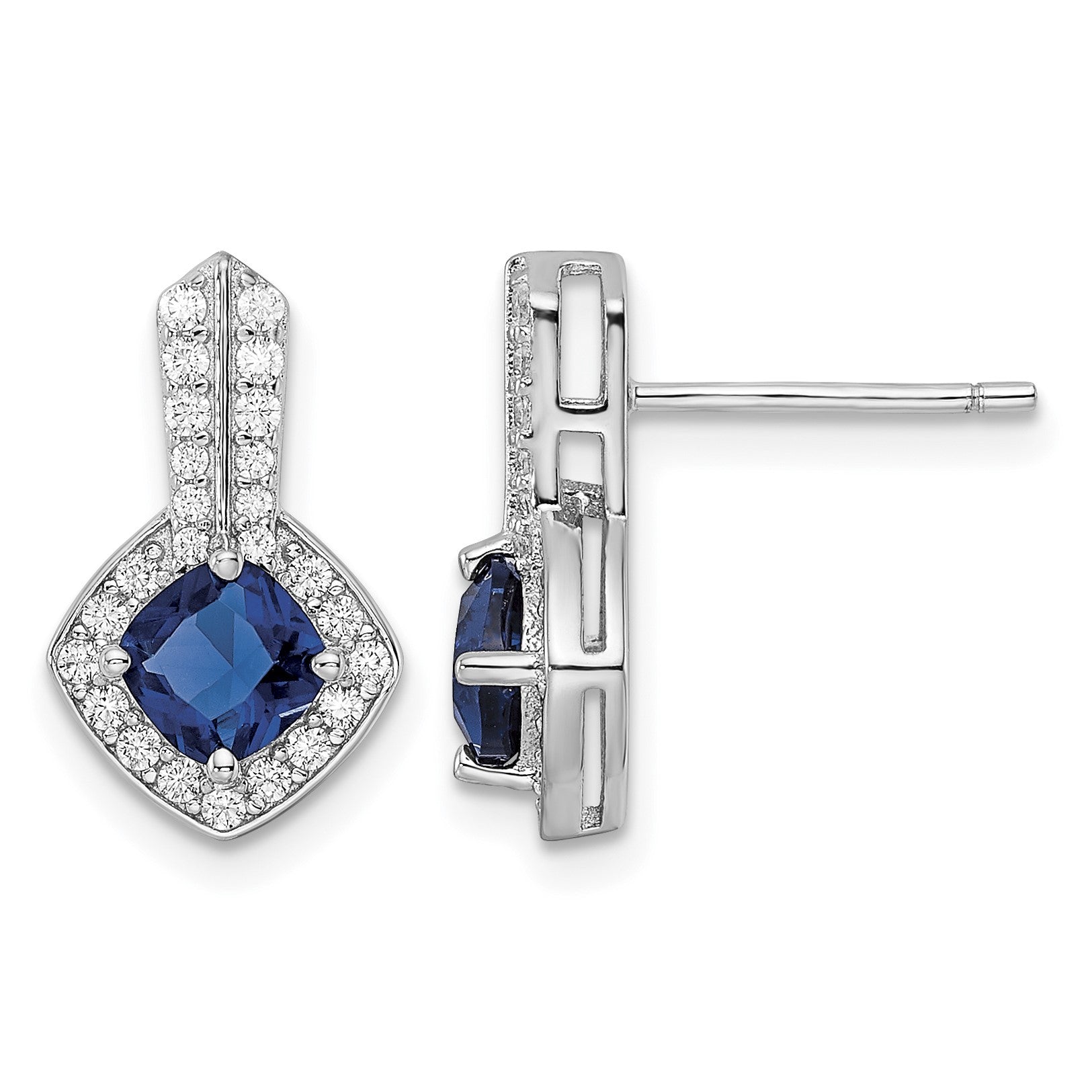 Sterling Silver Rhodium-plated CZ and Blue Glass Post Earrings