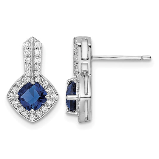 Sterling Silver Rhodium-plated CZ and Blue Glass Post Earrings