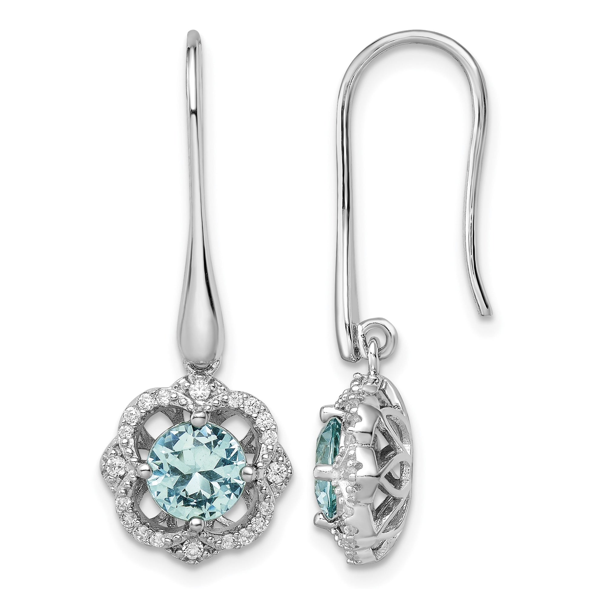 Sterling Silver Rhodium plated Aqua & White CZ Dangle Earrings