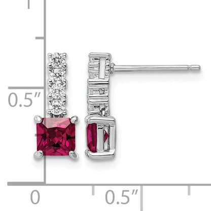 Sterling Silver Rhodium-plated Created Ruby and CZ Post Dangle Earrings