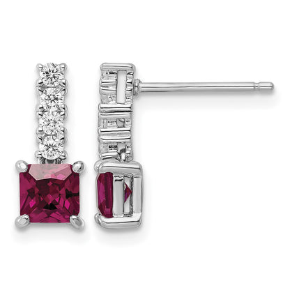 Sterling Silver Rhodium-plated Created Ruby and CZ Post Dangle Earrings