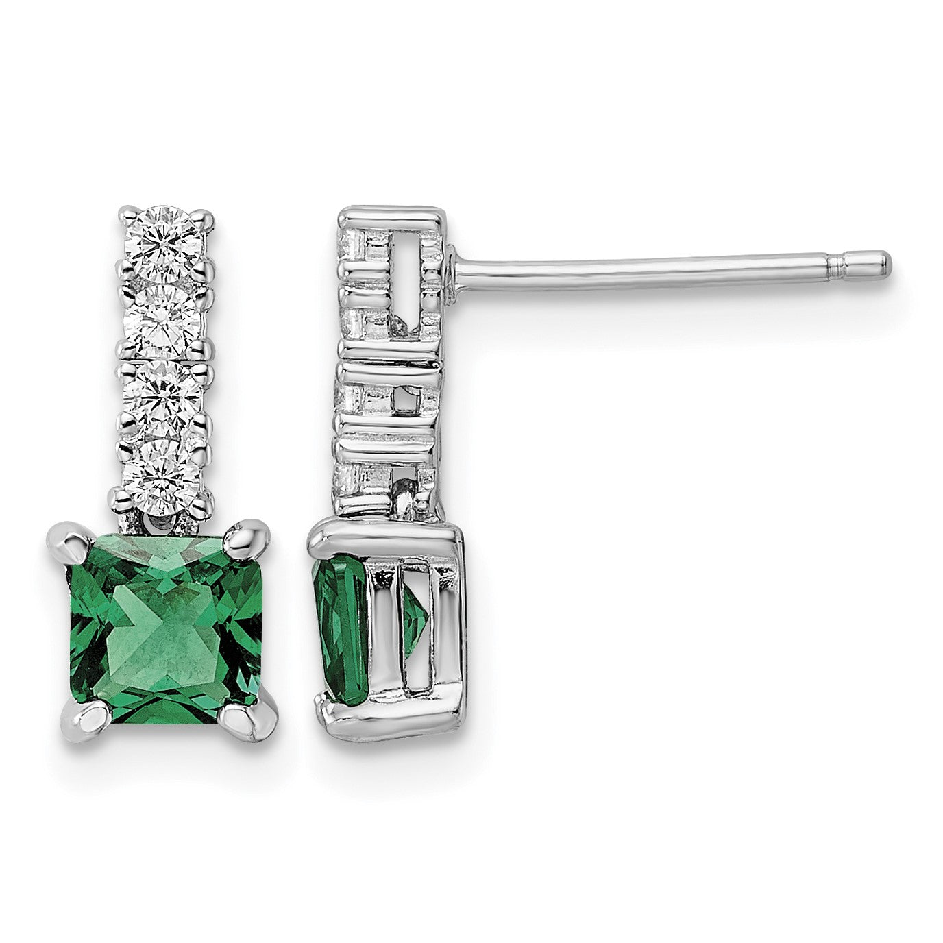 Sterling Silver Polished Rhodium-plated Green/Clear CZ Post Dangle Earrings