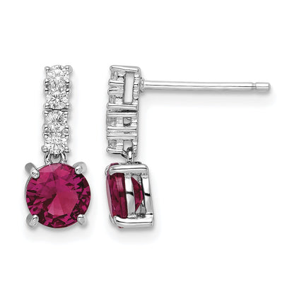 Sterling Silver Rhodium-plated Created Ruby and CZ Post Dangle Earrings