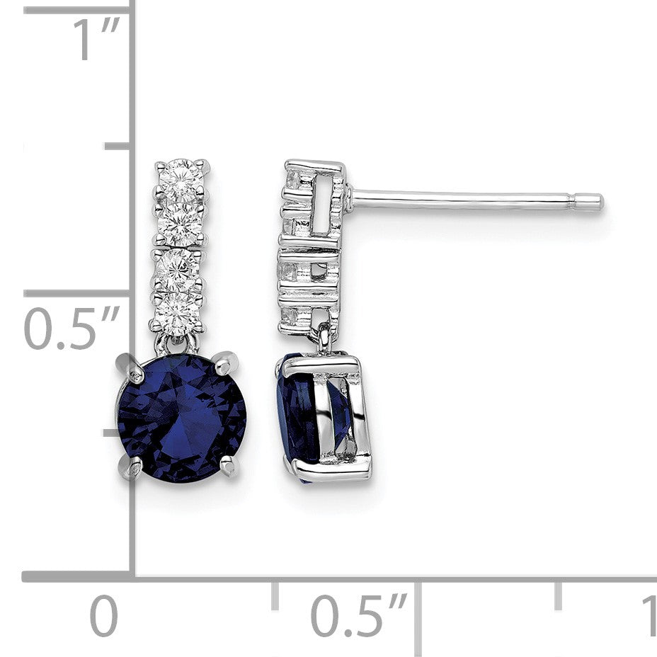 Sterling Silver Polished Rhodium Cr. Blue Spinel and CZ Post Dangle Earring