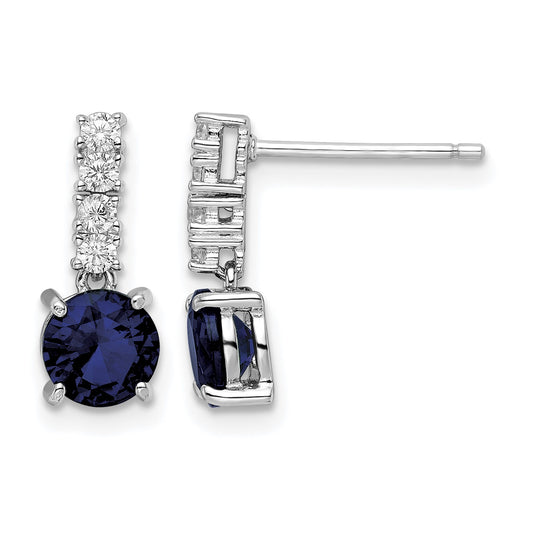 Sterling Silver Polished Rhodium Cr. Blue Spinel and CZ Post Dangle Earring