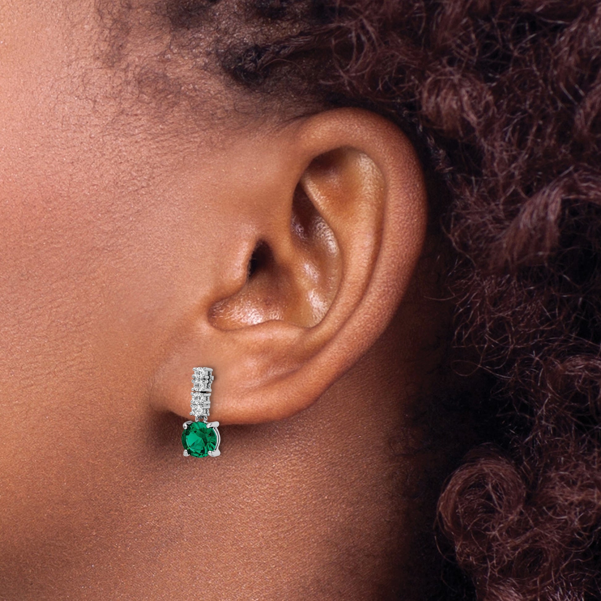Sterling Silver Polished Rhodium-plated Green/Clear CZ Post Dangle Earrings