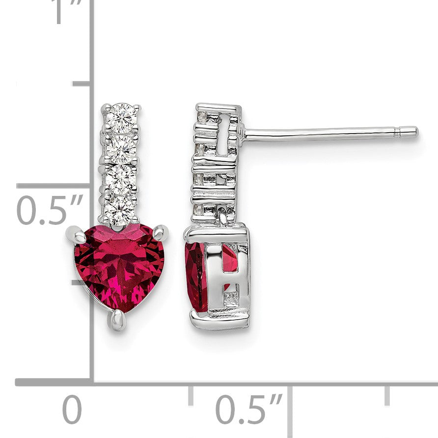 Sterling Silver Polish Rhod-plated Created Ruby Heart Post Dangle Earrings