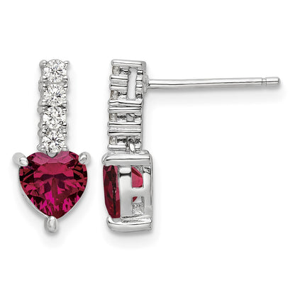 Sterling Silver Polish Rhod-plated Created Ruby Heart Post Dangle Earrings