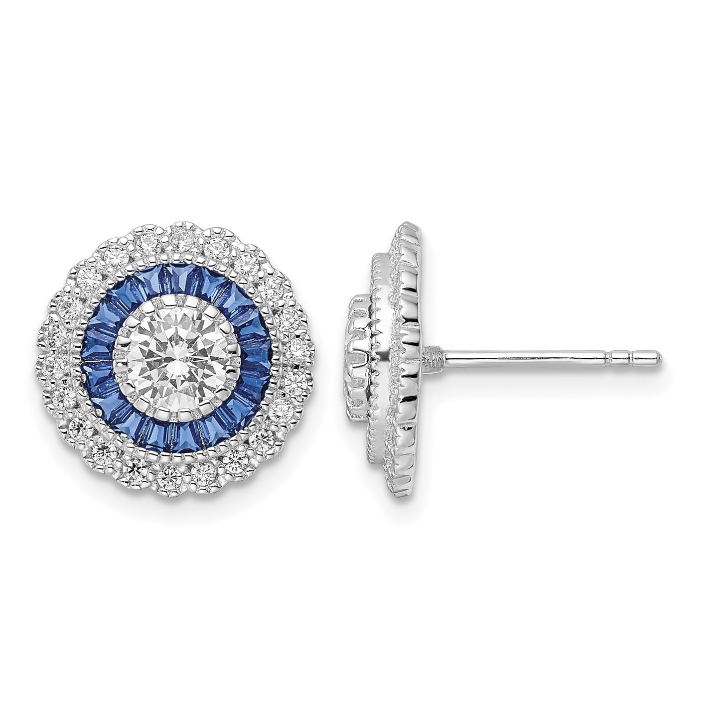 Sterling Silver Rhodium-plated Polished Blue & White CZ Round Post Earrings