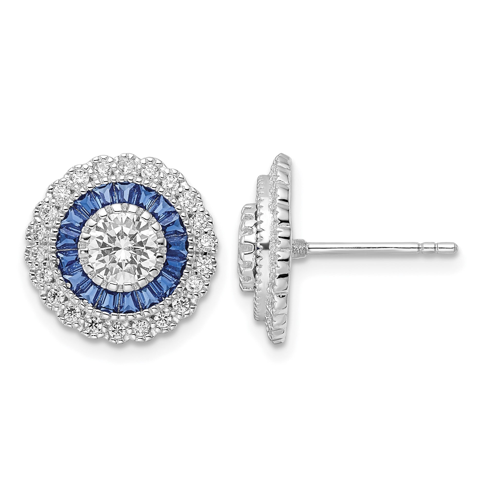 Sterling Silver Rhodium-plated Polished Blue & White CZ Round Post Earrings