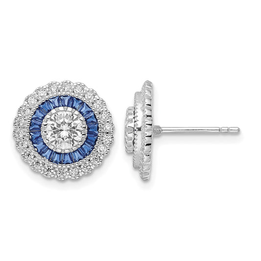 Sterling Silver Rhodium-plated Polished Blue & White CZ Round Post Earrings