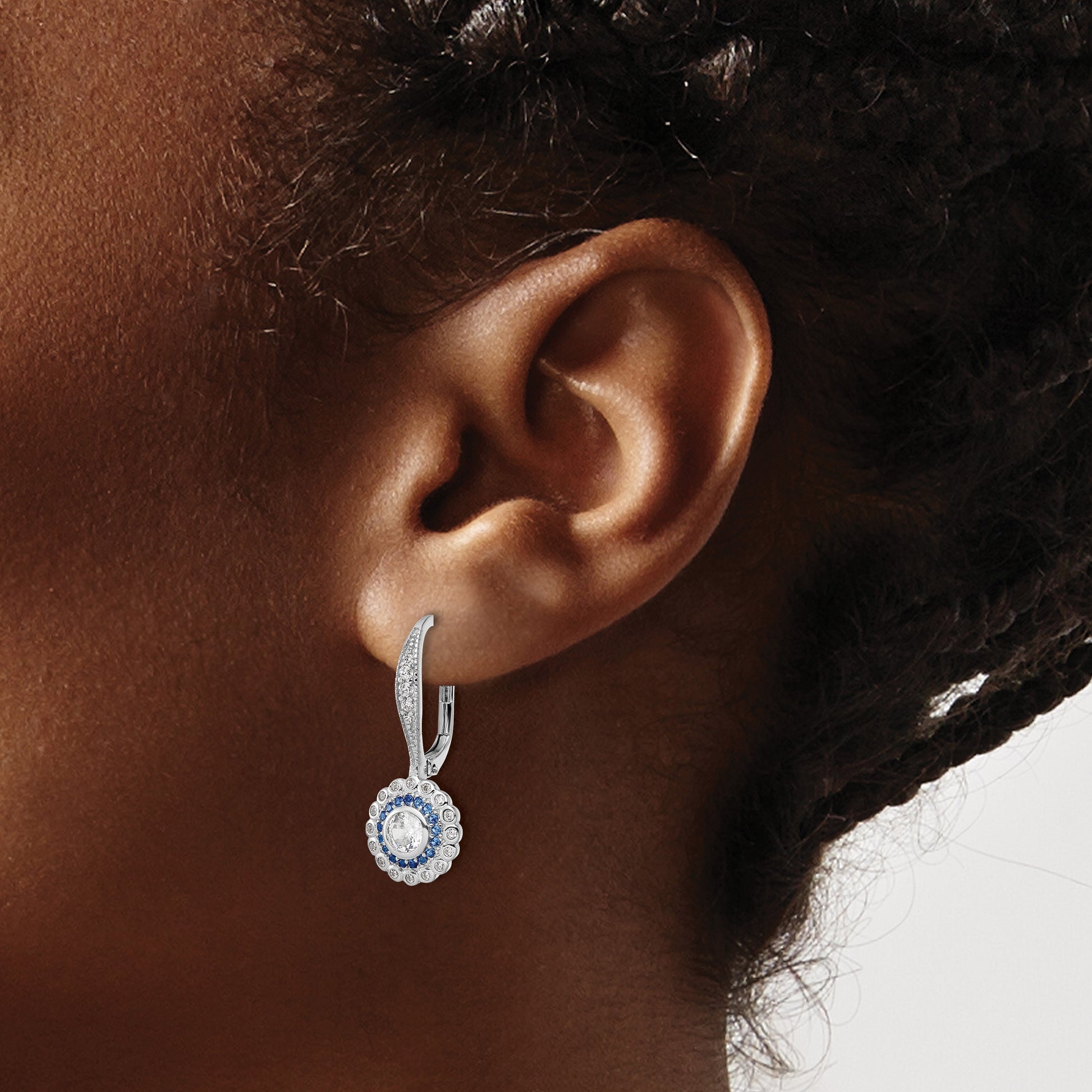 Sterling Silver Rhodium-plated Polished Blue & White CZ Leverback Earrings