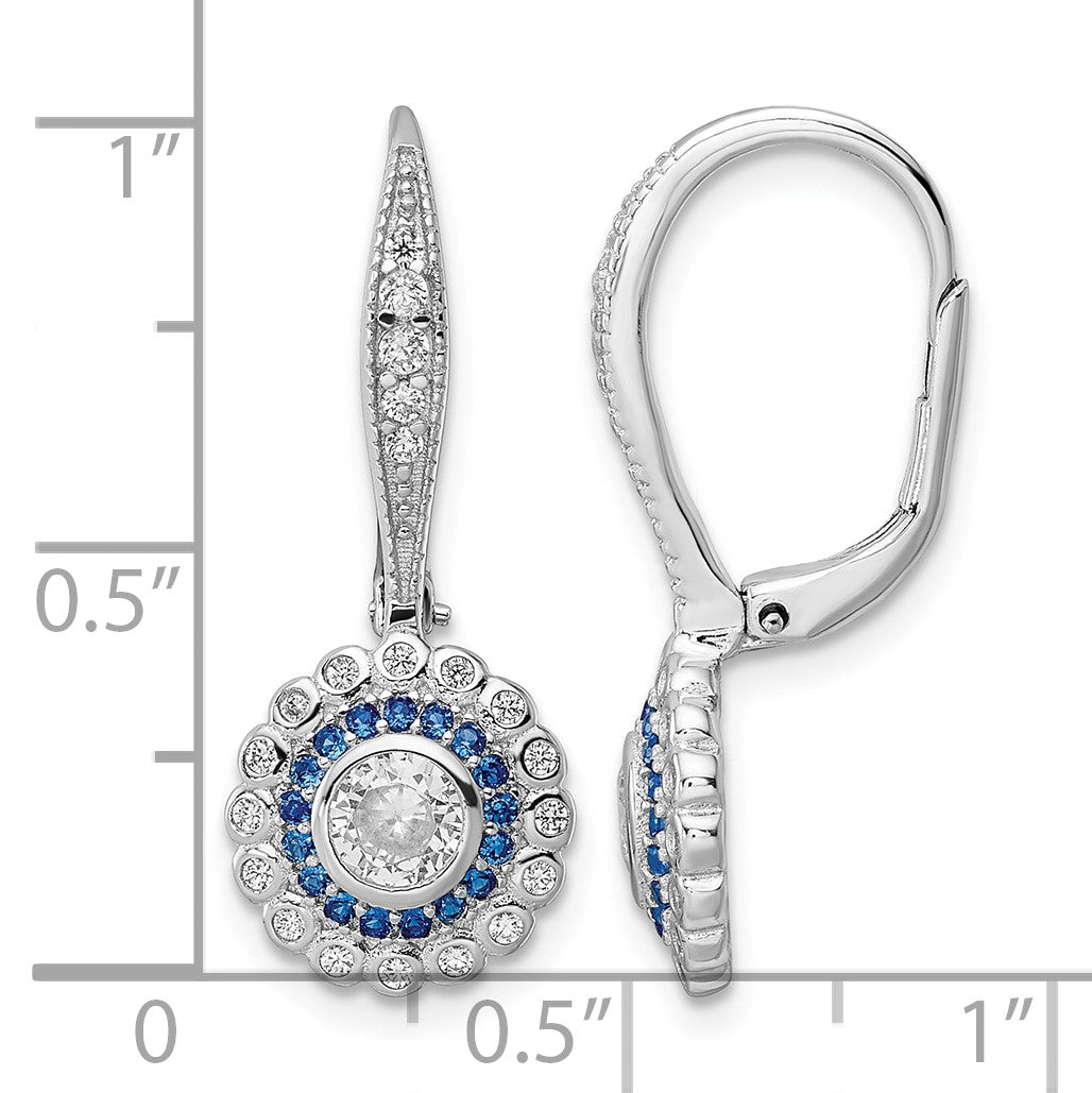 Sterling Silver Rhodium-plated Polished Blue & White CZ Leverback Earrings