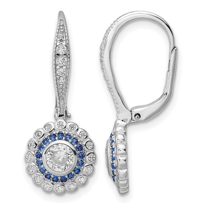 Sterling Silver Rhodium-plated Polished Blue & White CZ Leverback Earrings