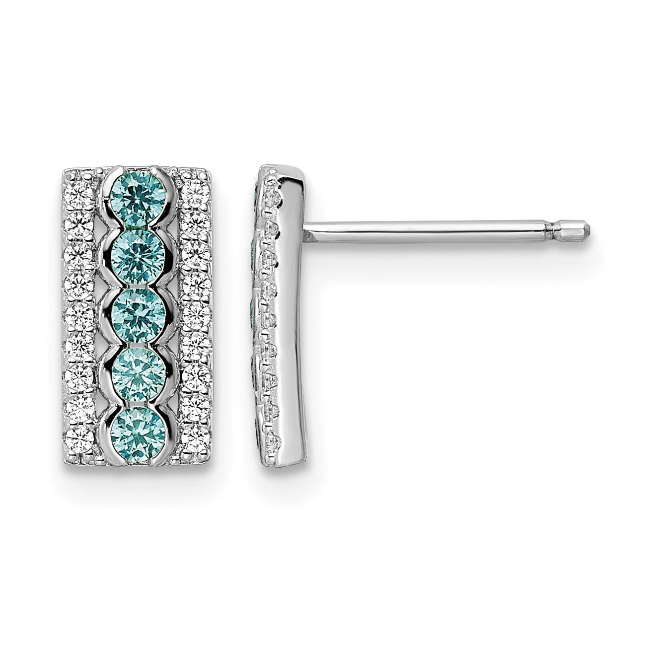 Sterling Silver Rhodium plated Aqua & White CZ Post Earrings