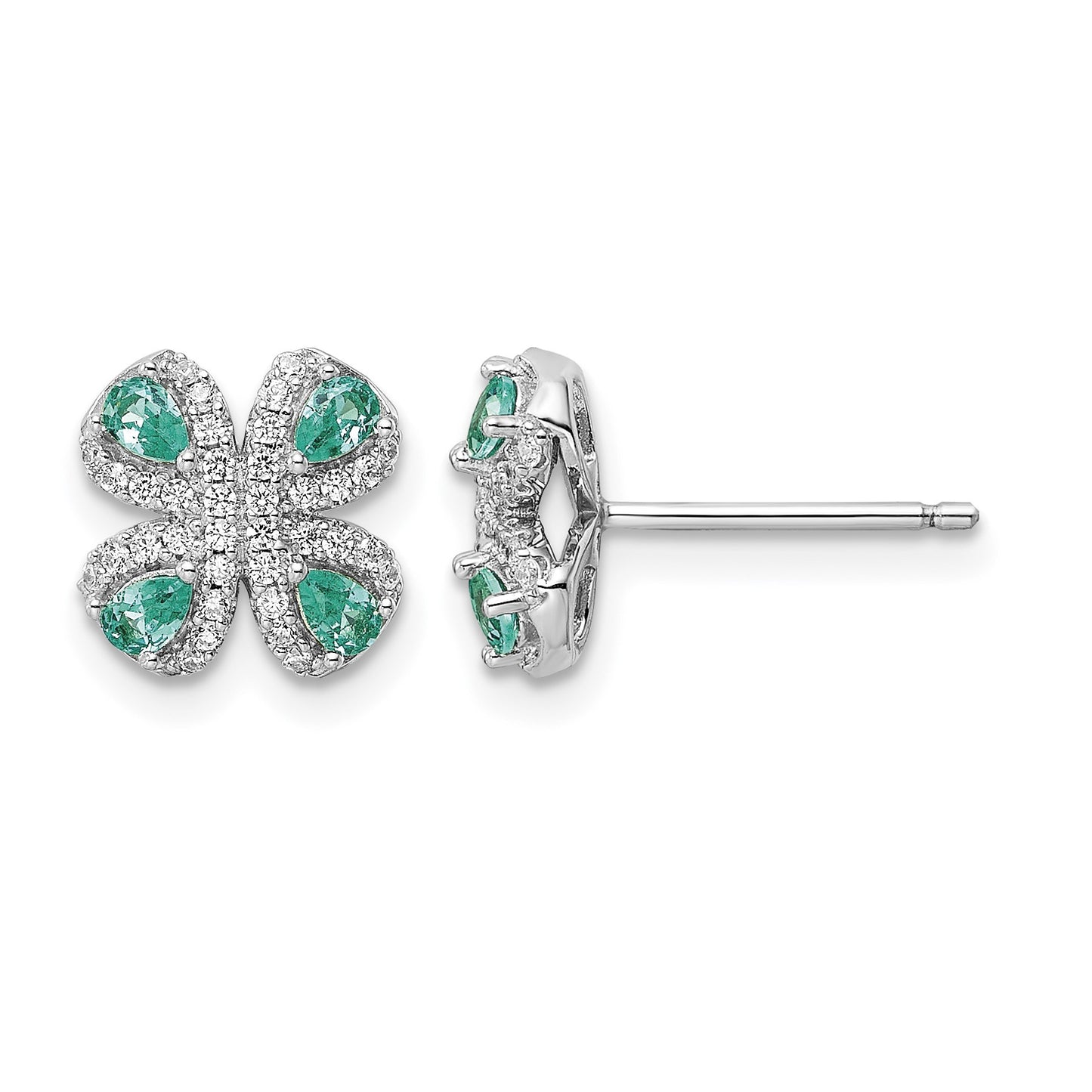 Sterling Silver Rhodium plated Teal & White CZ Post Earrings