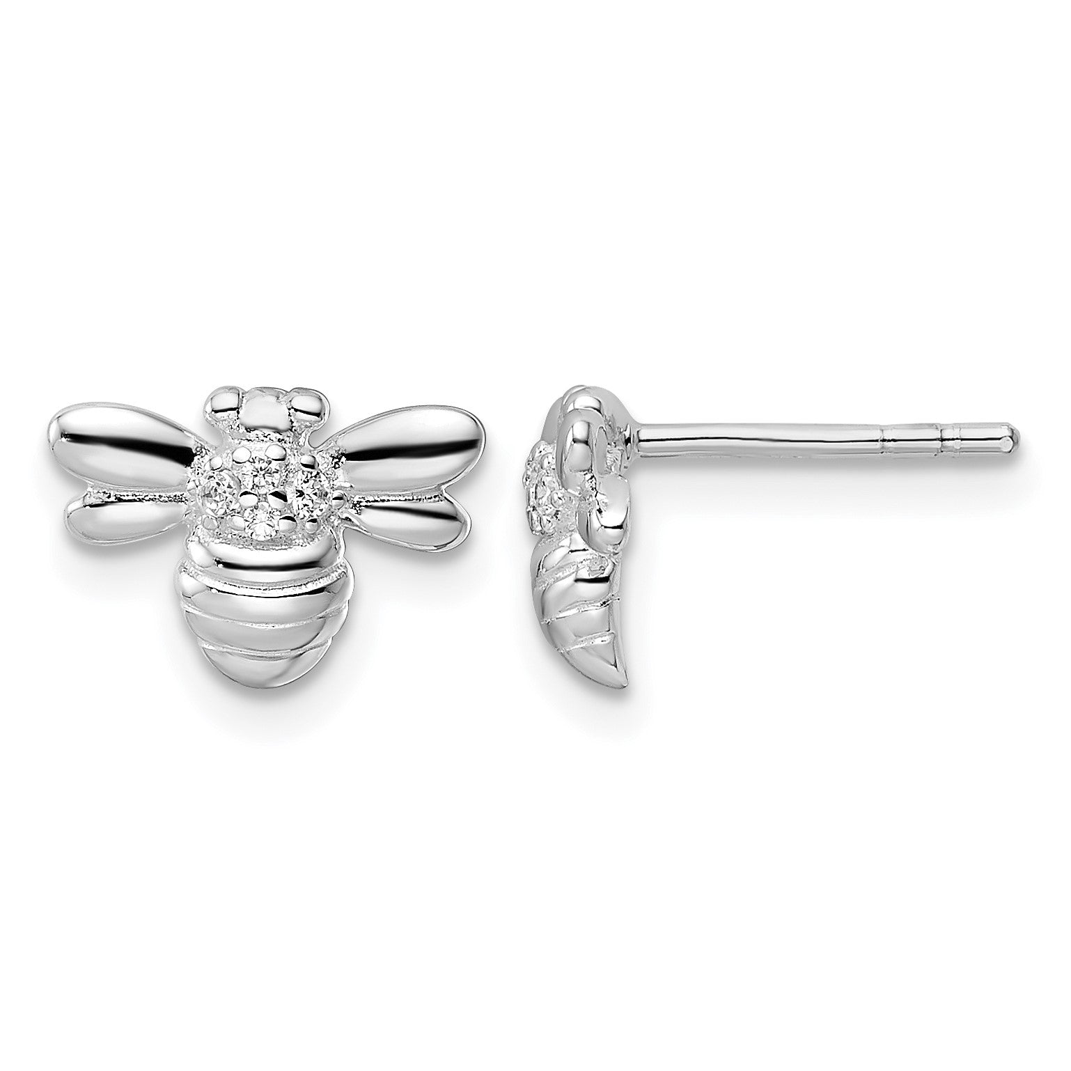 Sterling Silver Rhodium-plated Polished CZ Bumble Bee Post Earrings