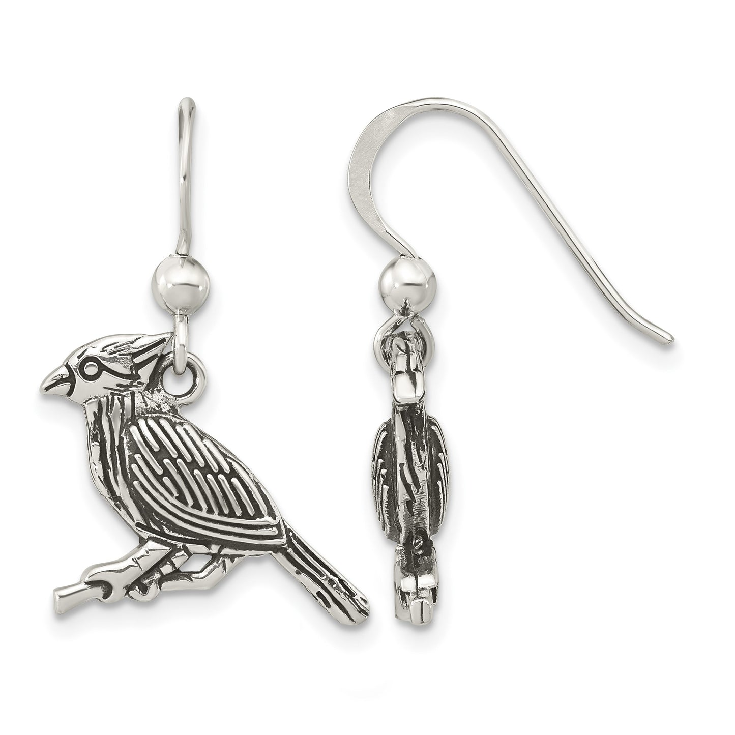 Sterling Silver Antiqued Bird on Branch Dangle Earrings