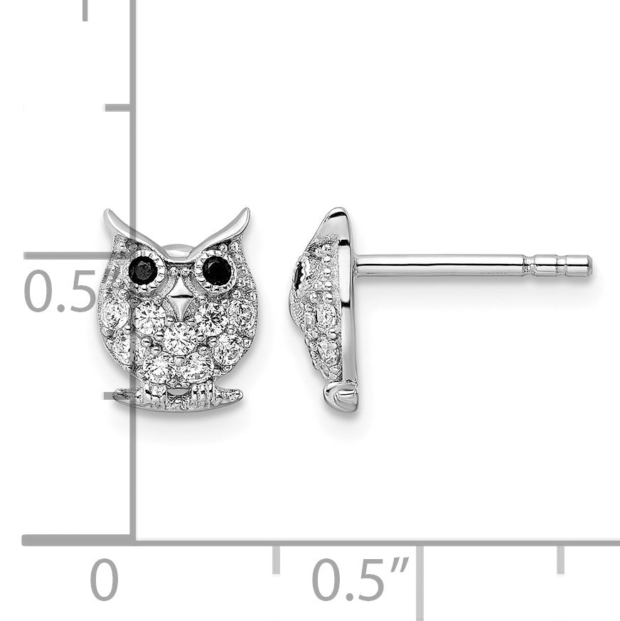 Sterling Silver Rhodium-plated Black & White CZ Owl Post Earrings