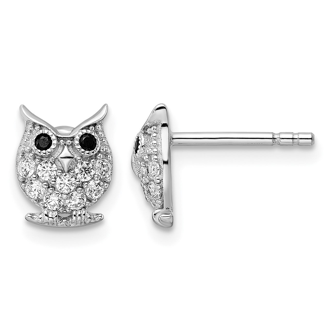 Sterling Silver Rhodium-plated Black & White CZ Owl Post Earrings