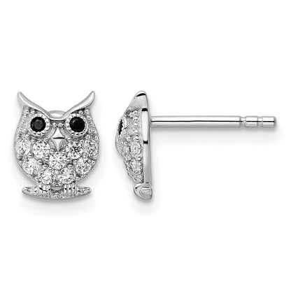 Sterling Silver Rhodium-plated Black & White CZ Owl Post Earrings