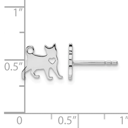 Sterling Silver Rhodium-plated Cat w/Heart Post Earrings
