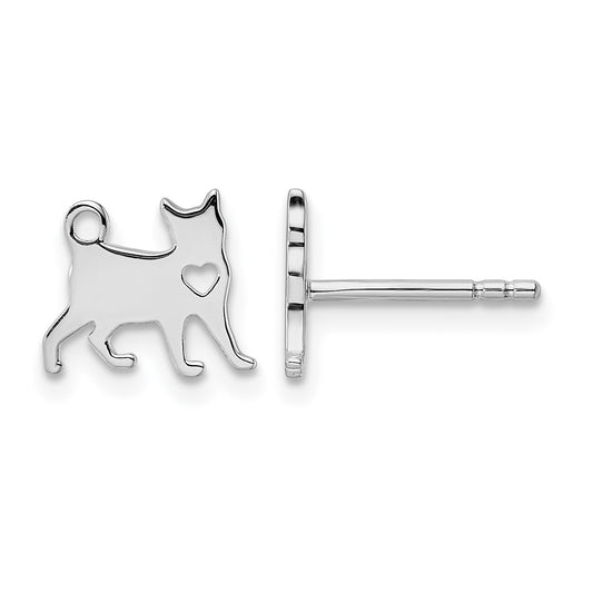 Sterling Silver Rhodium-plated Cat w/Heart Post Earrings