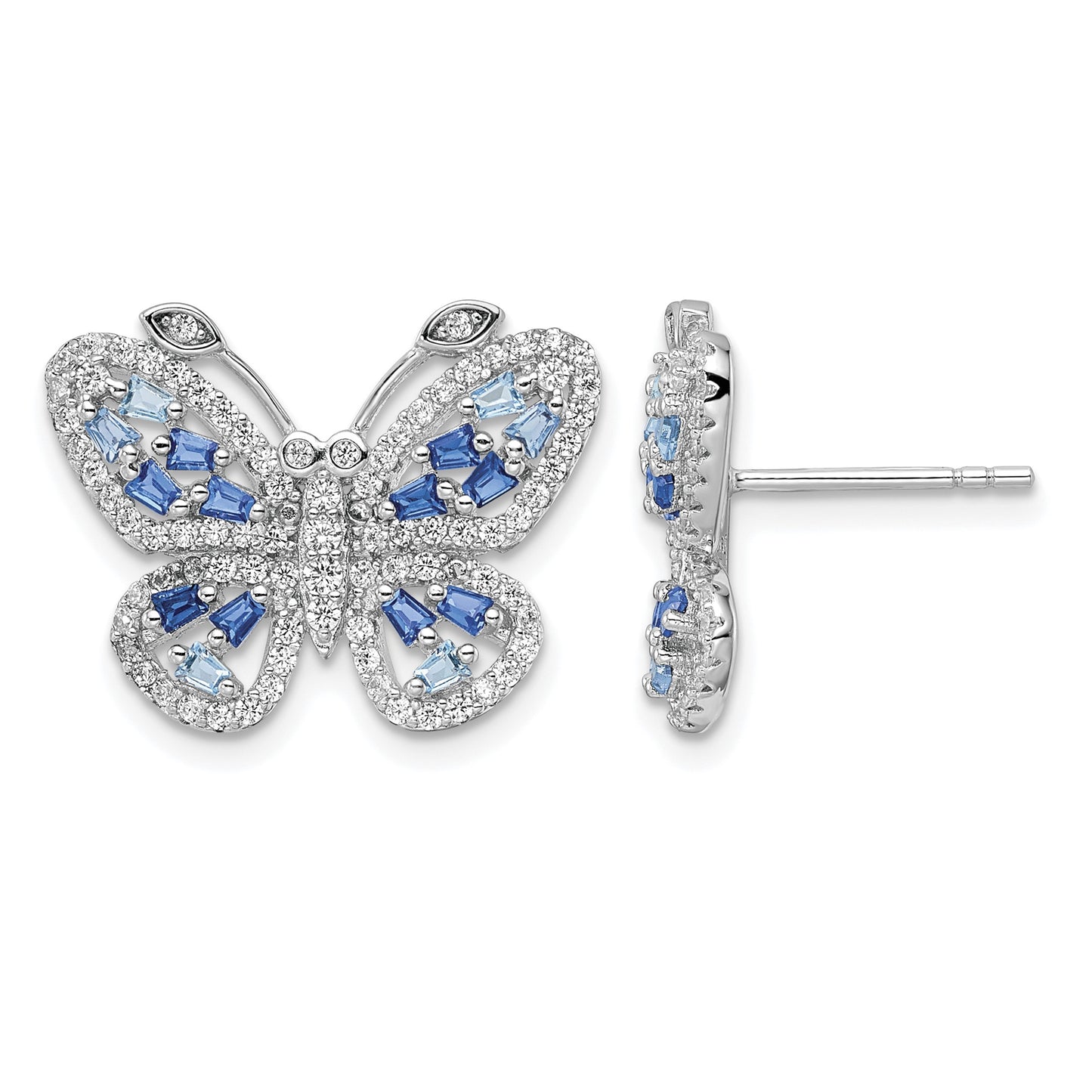 Sterling Silver Rhodium-plated Polished Light and Dark Blue CZ with Clear CZ Butterfly Post Earrings